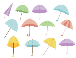 Umbrella set. Protect for rainy weather. Autumn season elements set isolated on white background. Vector flat illustration