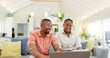 Technology, married couple celebrating and laptop on a sofa in living room of their home. Social media or online communication, success or high five and black people together happy for connectivity