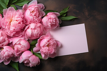Top View Elegant Pink Peony Arrangement. Elegant pink peonies with blank card on dark background, ideal for invitations and romantic events.