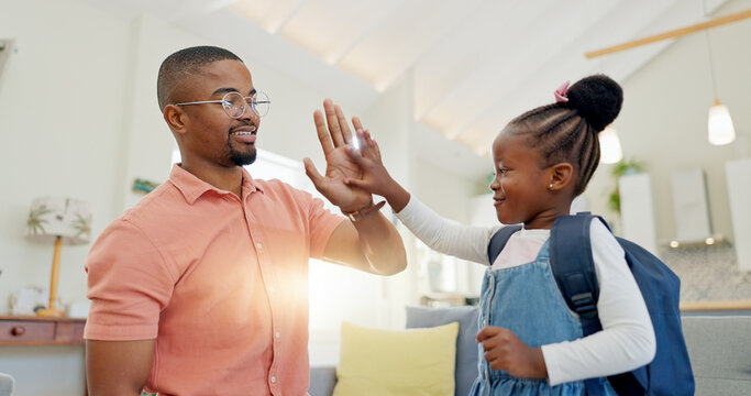 Black Family, Education And Girl With Backpack For School, Kindergarten And High Five From Dad For Support And Motivation. Child, Student And Father Helping To Get Ready And Leave House In Morning