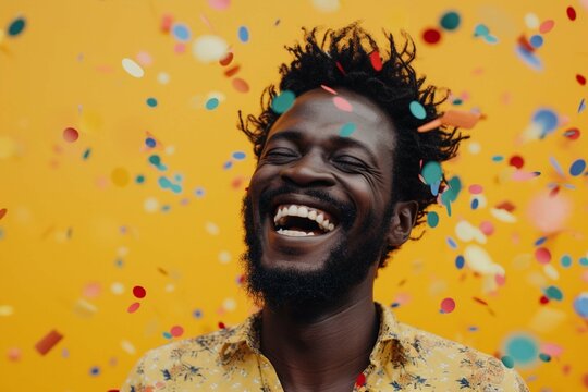 Happy African American Man Over Yellow Background With Confetti Falling On Head