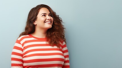 Side view happy young chubby overweight woman  - obrazy, fototapety, plakaty
