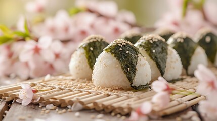Triangle-shaped rice balls with sesame seeds and cherry blossoms