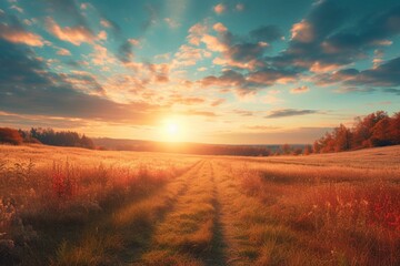 Happy thanksgiving day concept: Beautiful meadow and sky autumn sunrise background