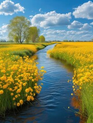 under the blue sky and white clouds in spring, a crooked river runs through the countryside, the fields on both sides of the river are full of yellow rapeseed flowers