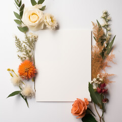 Top-View Blank Card with Floral Arrangement. Top view of a blank card with a floral arrangement on a white background, ideal for romantic event designs.