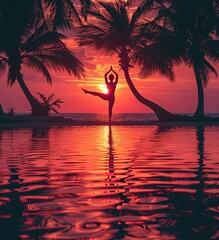 dynamic yoga pose captured on a serene beach at sunset