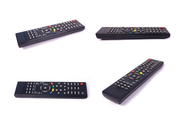 Collage of tv remote controllers on white background, set of remotes different angles