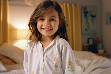 4 year old child smiling while sitting on bed in pajamas in his bedroom