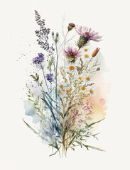 Watercolor Bouquet of Wildflowers Illustration Isolated on White Background. Colorful Digital Floral Art