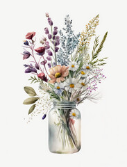 Watercolor Bouquet of Wildflowers Illustration Isolated on White Background. Colorful Digital Floral Art