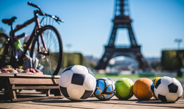 Sports fitness equipment in front of the Eiffel tower in Paris, France. Generative ai