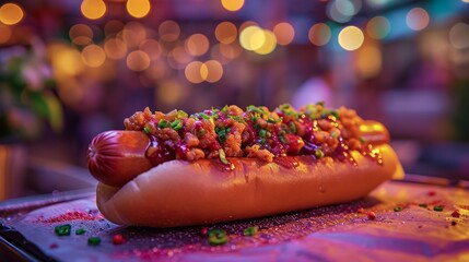 Gourmet hotdog with a variety of toppings under festive market lights.