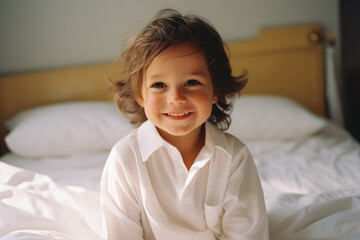 4 year old child smiling while sitting on bed in pajamas in his bedroom