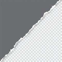 Realistic, torn, ripped diagonal strip of grey paper with a light shadow on a transparent background. Torn cardboard.
