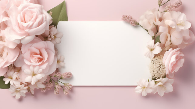 Top View Floral Invitation Card Mockup. Top view of elegant pink roses with a blank invitation card, perfect for events.