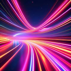 3d render. Abstract panoramic background of twisted dynamic neon lines glowing
