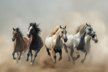 Obraz na płótnie Canvas Horses with long mane portrait run gallop in desert dust