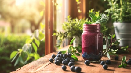 Refreshing berry smoothie in a mason jar surrounded by fresh berries and mint. - obrazy, fototapety, plakaty