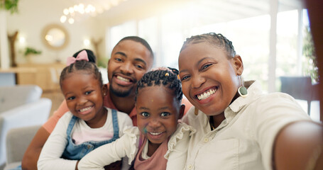 Black family, selfie and happy with parents and children at home, love and bonding with memory for...