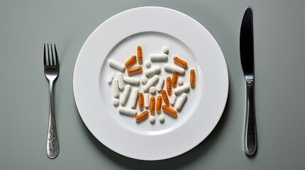 top view The medical pills, knife and fork on a  plate 