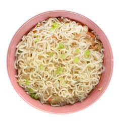 Top view of cooked instant noodles in a bowl on a white background.