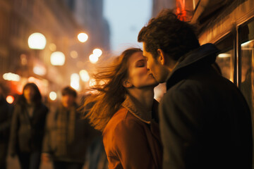 kiss and hug of a young couple on the street
