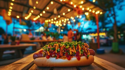 Gourmet hotdog with a variety of toppings under festive market lights.