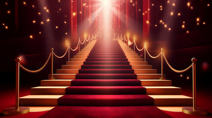 Red carpet staircase background, VIP entrance, night awards ceremony - obrazy, fototapety, plakaty