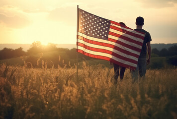 American Patriot: Happy People Holding USA Flag in a Rural Wheat Field at Sunset.