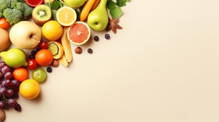 organic fruits and vegetables and healthy vegan meal ingredients on beige background. 