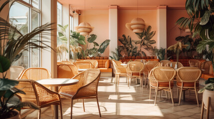 Warm Bali sunlight cafe interior with Peach Fuzz color walls, maximalist design