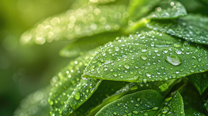 Close up of water droplets on vibrant fresh green leaves background