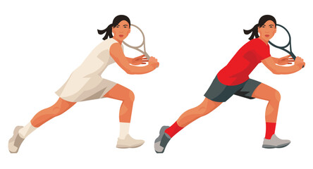 Girl figures of a Korean women's tennis player in red sportswear and white dress who receive the ball holding the racket with two hands