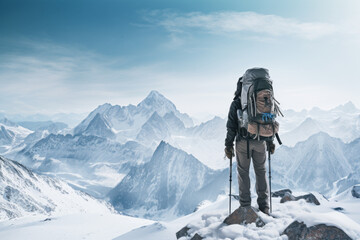 male climber on top of snowy mountain