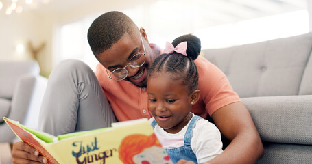 Reading, father and story with girl for learning in lounge for education or quality time. Kid,...
