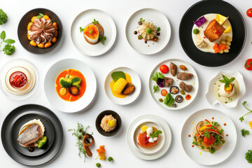 A top-view composition showcasing a variety of delectable dishes on different plates