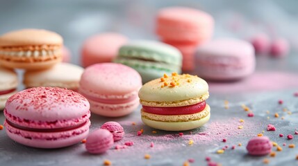 Fototapeta premium Colorful assortment of macarons sprinkled with sugar on a pastel background.