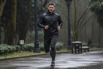 Obraz premium Active lifestyle. running in beautiful autumn rain in public park for fitness and strength training