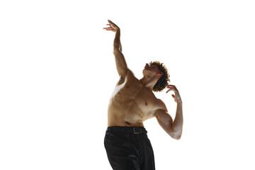 Contemporary dance choreographer and dancer freeze in moment of his performance against white studio background. Concept of art, human motions, wellness, natural beauty of male body. - obrazy, fototapety, plakaty