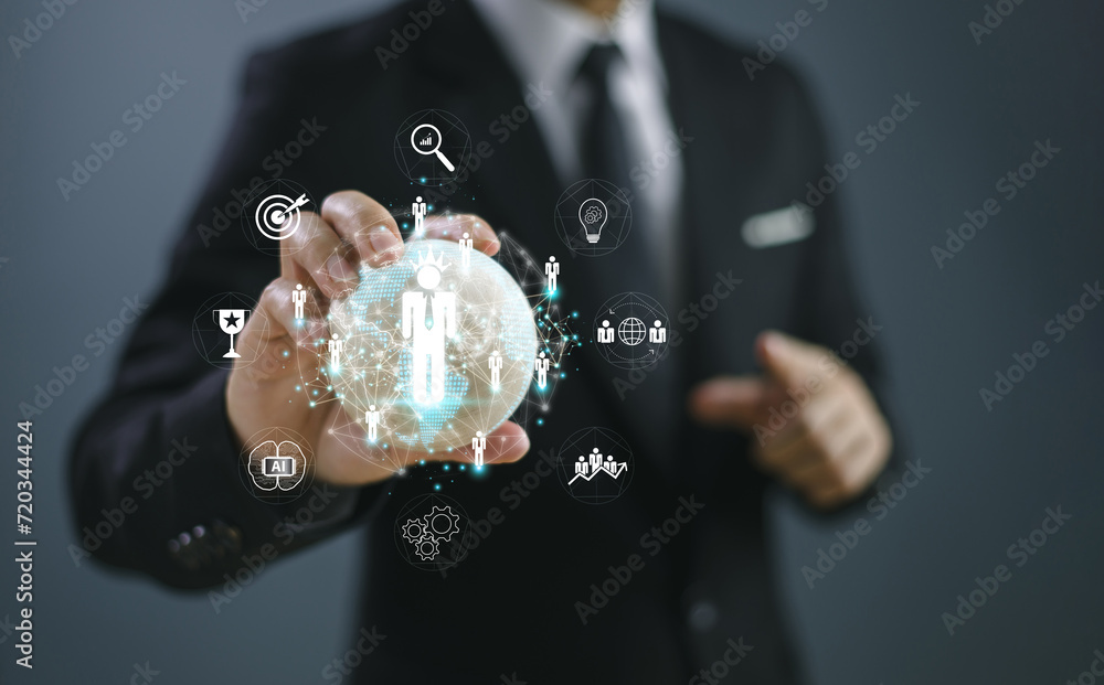 Poster customer relationship management crm. businessman hand, global network client service. cloud network