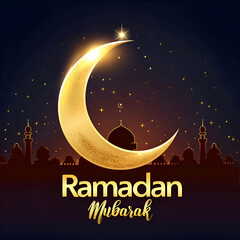 Obraz na płótnie Canvas Ramadan Mubarak Greeting Card with Golden glowing Moon and Text