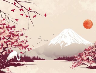 Landscape of Mount Fuji and cherry blossom in the spring night. Landscape design for Spring. paper cut and craft style. , illustration.