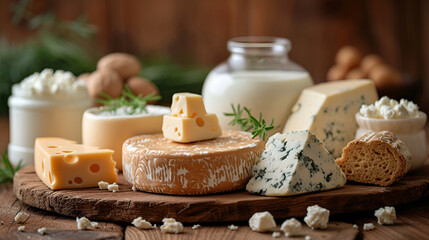Assorted dairy products featuring cheese varieties and fresh milk on wooden table
