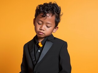 Young Boy in a Black Suit and Orange Tie