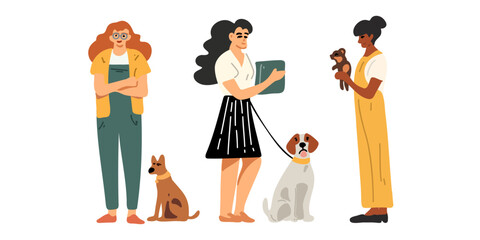 Set of young women with dogs, vector illustration