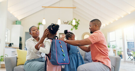 Obraz premium Black family, education and children with backpack for school, kindergarten and high five from dad for support and motivation. Kids, students and parents helping to get ready, say goodbye and leave