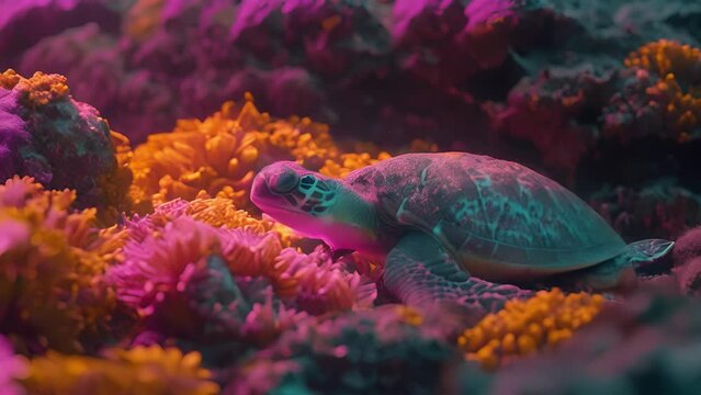 A neon sea turtle peacefully resting on a bed of neon orange and yellow anemones.