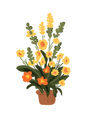 Large and beautiful yellow flowers in a pot, vector illustration