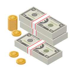 Isometric stacks of 20 US Dollar banknotes and coins. Twenty USD bills. American money notes. US currency. Flat style. Vector illustration.